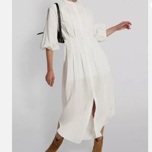Frame white linen voluminous sleeves button down shirt maxi dress pin tuck M